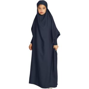 imageIDOPIP Muslim Dress for Girls One Piece Long Sleeve Islamic Prayer Dress with Hijab Casual Maxi Kaftan Abaya Gown ClothesNavy Blue