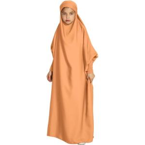 imageIDOPIP Muslim Dress for Girls One Piece Long Sleeve Islamic Prayer Dress with Hijab Casual Maxi Kaftan Abaya Gown ClothesOrange