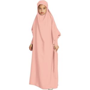 imageIDOPIP Muslim Dress for Girls One Piece Long Sleeve Islamic Prayer Dress with Hijab Casual Maxi Kaftan Abaya Gown ClothesPink