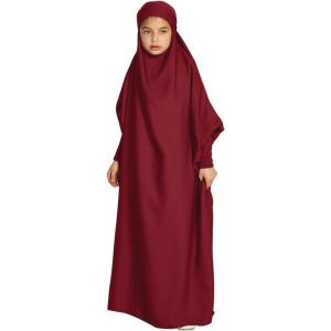 imageIDOPIP Muslim Dress for Girls One Piece Long Sleeve Islamic Prayer Dress with Hijab Casual Maxi Kaftan Abaya Gown ClothesWine Red