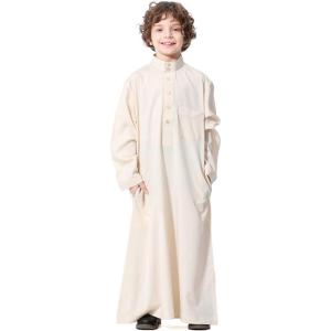 imageIDOPIP Muslim Thobe for Boys Kids Long Sleeve Islamic Arabic Kaftan Robe Middle East Dubai Prayer Dress Clothes with PocketsBeige