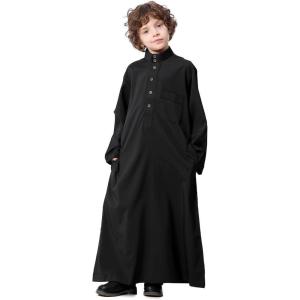 imageIDOPIP Muslim Thobe for Boys Kids Long Sleeve Islamic Arabic Kaftan Robe Middle East Dubai Prayer Dress Clothes with PocketsBlack