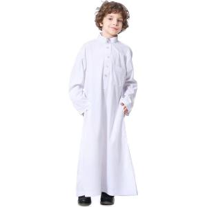 imageIDOPIP Muslim Thobe for Boys Kids Long Sleeve Islamic Arabic Kaftan Robe Middle East Dubai Prayer Dress Clothes with PocketsWhite