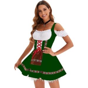 imageIDOPIP Oktoberfest Costume Women German Beer Festival Dress Traditional Bavarian Dirndl Dress Wench Carnival Halloween OutfitGreen