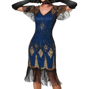 imageIDOPIP Women 1920s Flapper Gatsby Dress Vintage Sparkle Sequins Fringe Tassel Cocktail Party Dress Cosplay Halloween CostumeBlue