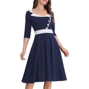 imageIDOPIP Women 1950s Vintage Stripe Swing Dress Halloween Costume Audrey Hepburn Style Cosplay Outfit Cocktail Party Midi DressNavy Blue