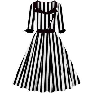 imageIDOPIP Women 1950s Vintage Stripe Swing Dress Halloween Costume Audrey Hepburn Style Cosplay Outfit Cocktail Party Midi DressStripe