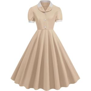 imageIDOPIP Women 1950s Vintage Swing Dress Puff Sleeve Cocktail Party Dress Formal Rockabilly Evening Elegant Retro Midi DressApricot