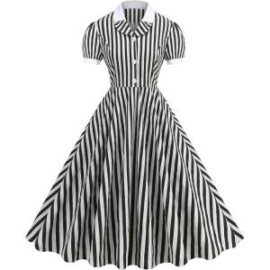 imageIDOPIP Women 1950s Vintage Swing Dress Puff Sleeve Cocktail Party Dress Formal Rockabilly Evening Elegant Retro Midi DressBlack White Striped