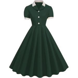 imageIDOPIP Women 1950s Vintage Swing Dress Puff Sleeve Cocktail Party Dress Formal Rockabilly Evening Elegant Retro Midi DressBlackish Green