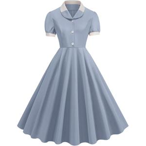 imageIDOPIP Women 1950s Vintage Swing Dress Puff Sleeve Cocktail Party Dress Formal Rockabilly Evening Elegant Retro Midi DressBlue