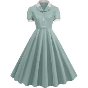 imageIDOPIP Women 1950s Vintage Swing Dress Puff Sleeve Cocktail Party Dress Formal Rockabilly Evening Elegant Retro Midi DressGreen