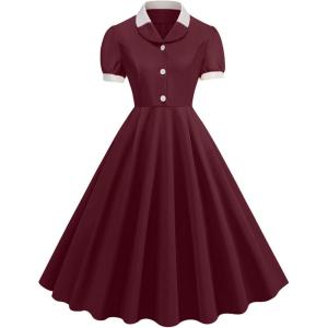 imageIDOPIP Women 1950s Vintage Swing Dress Puff Sleeve Cocktail Party Dress Formal Rockabilly Evening Elegant Retro Midi DressWine
