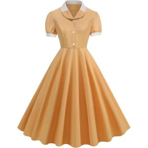 imageIDOPIP Women 1950s Vintage Swing Dress Puff Sleeve Cocktail Party Dress Formal Rockabilly Evening Elegant Retro Midi DressYellow