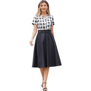 imageIDOPIP Women 50s Vintage Cocktail Party Swing Dress Audrey Hepburn Halloween Costume Elegant Short Sleeve Button Pinup DressBlack Plaid