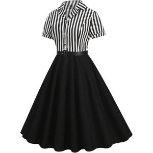 imageIDOPIP Women 50s Vintage Cocktail Party Swing Dress Audrey Hepburn Halloween Costume Elegant Short Sleeve Button Pinup DressBlack and White Striped