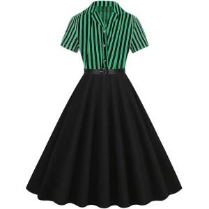 imageIDOPIP Women 50s Vintage Cocktail Party Swing Dress Audrey Hepburn Halloween Costume Elegant Short Sleeve Button Pinup DressGreen Striped