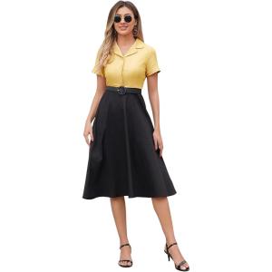 imageIDOPIP Women 50s Vintage Cocktail Party Swing Dress Audrey Hepburn Halloween Costume Elegant Short Sleeve Button Pinup DressYellow