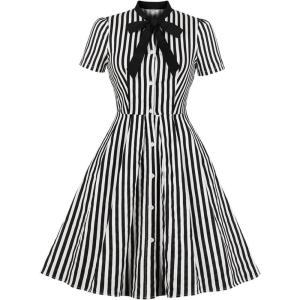 imageIDOPIP Women Black Striped Halloween Cosplay Costume Dress Elegant Tie Neck Midi Dress 1950s Vintage Cocktail Shirt DressBlack and White