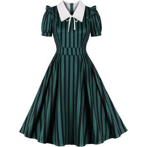 imageIDOPIP Women Black Striped Halloween Cosplay Costume Dress Elegant Tie Neck Midi Dress 1950s Vintage Cocktail Shirt DressDark Green