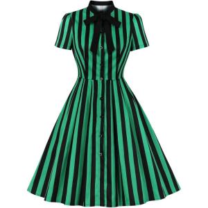 imageIDOPIP Women Black Striped Halloween Cosplay Costume Dress Elegant Tie Neck Midi Dress 1950s Vintage Cocktail Shirt DressGreen