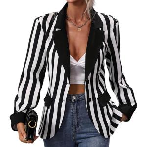 imageIDOPIP Women Black and White Striped Blazer Halloween Costume Outfit Cosplay Jacket Long Sleeve Open Front Cardigan SuitBlack and White