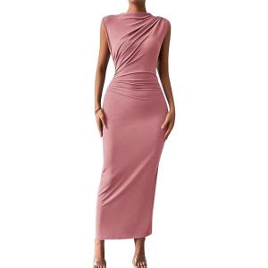 imageIDOPIP Women Formal Mock Neck Ruched Bodycon Dress Elegant Sleeveless Maxi Dress Prom Cocktail Party Wedding Guest OutfitPink