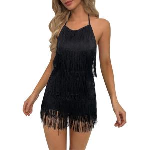 imageIDOPIP Women Halter Tassel Fringe Romper Dressy Sexy Backless Music Festival Club Party Jumpsuit Sleeveless Tie Back PlaysuitBlack