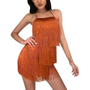 imageIDOPIP Women Halter Tassel Fringe Romper Dressy Sexy Backless Music Festival Club Party Jumpsuit Sleeveless Tie Back PlaysuitBrown