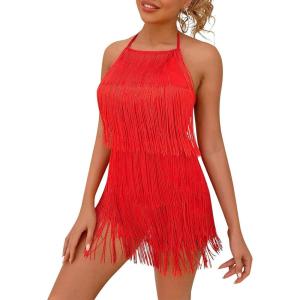 imageIDOPIP Women Halter Tassel Fringe Romper Dressy Sexy Backless Music Festival Club Party Jumpsuit Sleeveless Tie Back PlaysuitRed