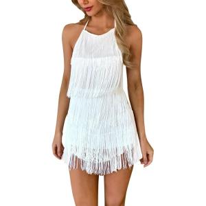 imageIDOPIP Women Halter Tassel Fringe Romper Dressy Sexy Backless Music Festival Club Party Jumpsuit Sleeveless Tie Back PlaysuitWhite
