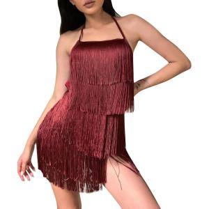 imageIDOPIP Women Halter Tassel Fringe Romper Dressy Sexy Backless Music Festival Club Party Jumpsuit Sleeveless Tie Back PlaysuitWine Red