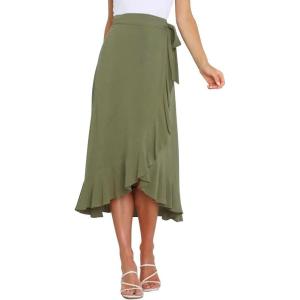 imageIDOPIP Women Irregular HighLow Hem Wrap Skirt Elegant High Waist Tie Side Midi Skirt Casual Summer Beach Ruffle Aline SkirtArmy Green