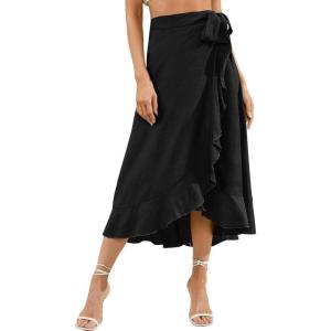 imageIDOPIP Women Irregular HighLow Hem Wrap Skirt Elegant High Waist Tie Side Midi Skirt Casual Summer Beach Ruffle Aline SkirtBlack