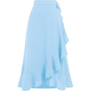 imageIDOPIP Women Irregular HighLow Hem Wrap Skirt Elegant High Waist Tie Side Midi Skirt Casual Summer Beach Ruffle Aline SkirtBlue