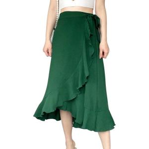 imageIDOPIP Women Irregular HighLow Hem Wrap Skirt Elegant High Waist Tie Side Midi Skirt Casual Summer Beach Ruffle Aline SkirtGreen