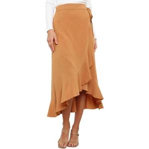 imageIDOPIP Women Irregular HighLow Hem Wrap Skirt Elegant High Waist Tie Side Midi Skirt Casual Summer Beach Ruffle Aline SkirtKhaki
