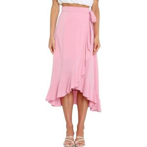 imageIDOPIP Women Irregular HighLow Hem Wrap Skirt Elegant High Waist Tie Side Midi Skirt Casual Summer Beach Ruffle Aline SkirtPink