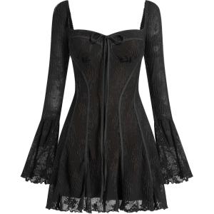 imageIDOPIP Women Long Bell Sleeve Corset Mini Dress Floral Lace Tie Front Ruffle Dress Empire Waist Club Cocktail Party DressBlack