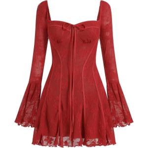 imageIDOPIP Women Long Bell Sleeve Corset Mini Dress Floral Lace Tie Front Ruffle Dress Empire Waist Club Cocktail Party DressRed