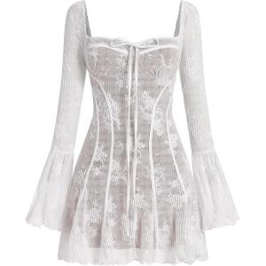 imageIDOPIP Women Long Bell Sleeve Corset Mini Dress Floral Lace Tie Front Ruffle Dress Empire Waist Club Cocktail Party DressWhite