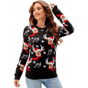 imageIDOPIP Women Long Sleeve Christmas Pullover Sweater 2024 Top Crewneck Winter Casual Xmas Knitted Top Reindeer SweatshirtsBlack