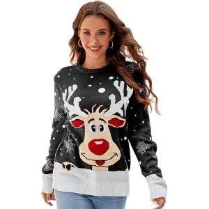 imageIDOPIP Women Long Sleeve Christmas Pullover Sweater 2024 Top Crewneck Winter Casual Xmas Knitted Top Reindeer SweatshirtsBlackreindeer