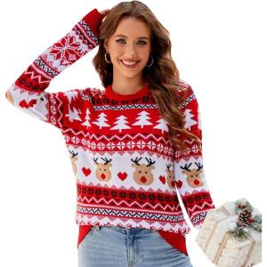 imageIDOPIP Women Long Sleeve Christmas Pullover Sweater 2024 Top Crewneck Winter Casual Xmas Knitted Top Reindeer SweatshirtsRed