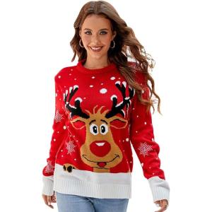 imageIDOPIP Women Long Sleeve Christmas Pullover Sweater 2024 Top Crewneck Winter Casual Xmas Knitted Top Reindeer SweatshirtsRedreindeer