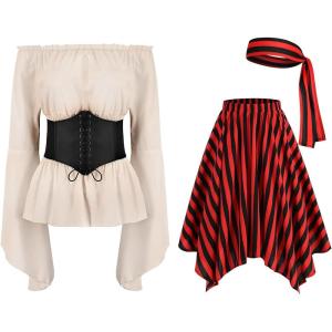 imageIDOPIP Women Renaissance Costume Halloween Pirate Dress Medieval Smoked Offshoulder Top Striped Skirt Bandana Corset OutfitApricot