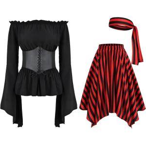 imageIDOPIP Women Renaissance Costume Halloween Pirate Dress Medieval Smoked Offshoulder Top Striped Skirt Bandana Corset OutfitBlack