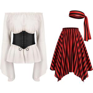 imageIDOPIP Women Renaissance Costume Halloween Pirate Dress Medieval Smoked Offshoulder Top Striped Skirt Bandana Corset OutfitWhite
