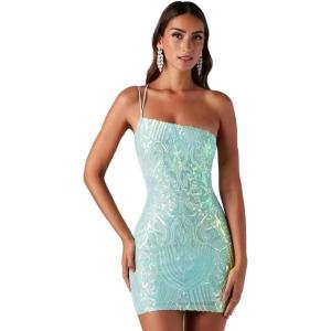 imageIDOPIP Women Sexy One Shoulder Sparkle Sequin Bodycon Dress Glitter Cocktail Party Mini Dress Elegant Fitted Homecoming DressGreen