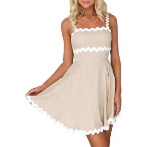 imageIDOPIP Women Summer Boho Mini Dress Smocked Empire Waist Rickrack Trim Flowy Sundress Spaghetti Straps ALine Swing DressApricot